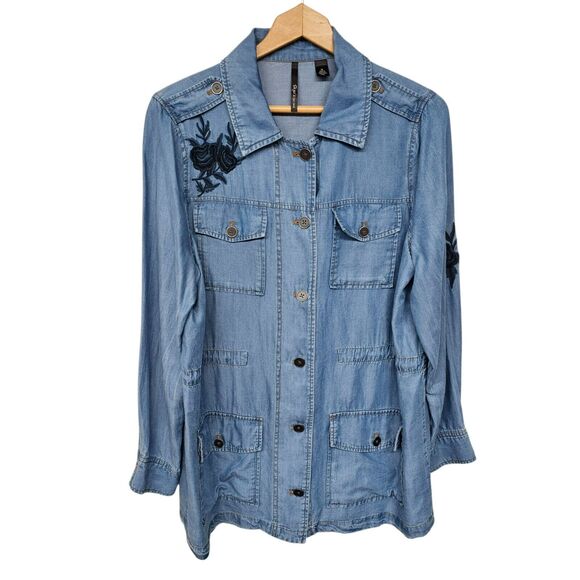 Y2K Light Jean Jacket Embroidered Womens Sz M Rose Grunge Boho Button Front - Picture 1 of 9